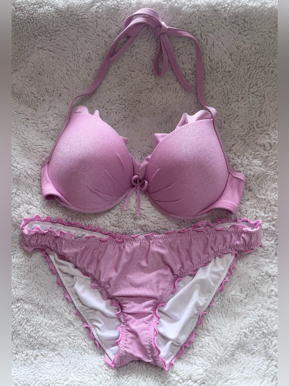 Victoria’s Secret pink glitter ruffle bikini 36C and Large bottom